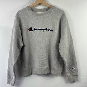 Vintage 90's Champion Reverse Weave Felt Applique Sweatshirt Pullover Grey Large